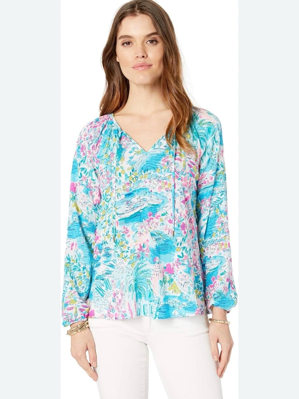 Lilly Pulitzer Postcards from Positano Turquoise & Pink Floral V-Neck Blouse